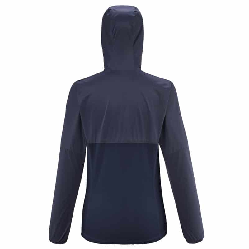 Millet Trilogy Sky Shield Hoodie, versione donna in colore grigio/nero, vista posteriore.