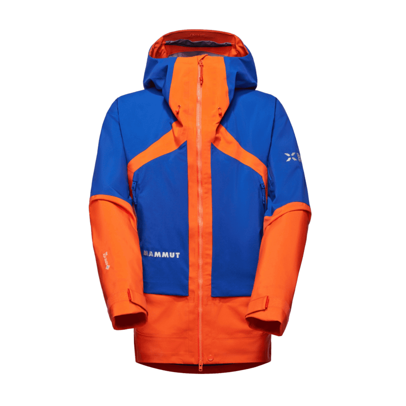 Mammut Eiger Nordwand Pro HS Hooded Jacket Men, colori classici arancio e blu.