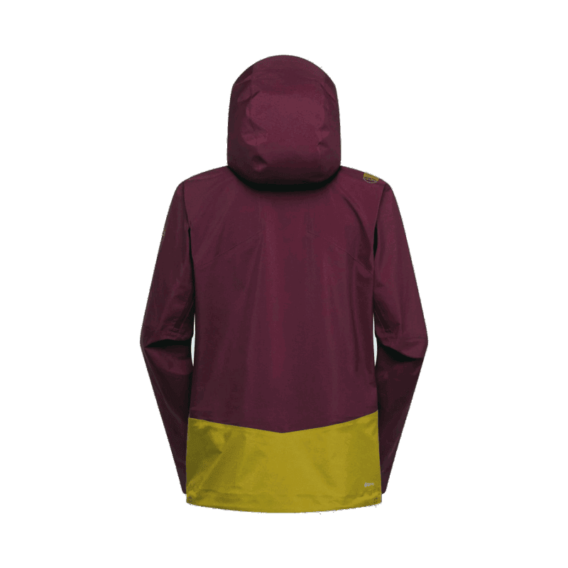 Giacca outdoor da trekking con cappuccio impermeabile rossa e gialla, ideale per attività all'aperto invernali.