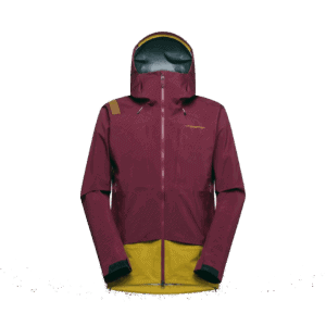 Giacca outdoor da escursionismo impermeabile e traspirante con cappuccio, colore bordeaux e giallo, uomo donna, abbigliamento tecnico outdoor.