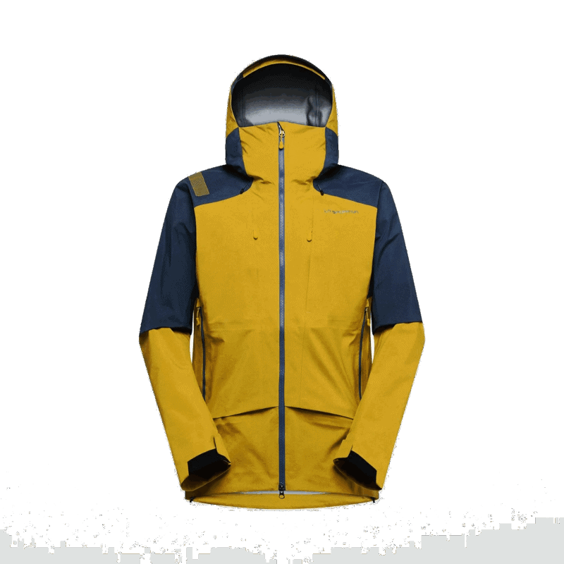 Giacca da escursionismo gialla e blu con cappuccio e zip frontale impermeabile.