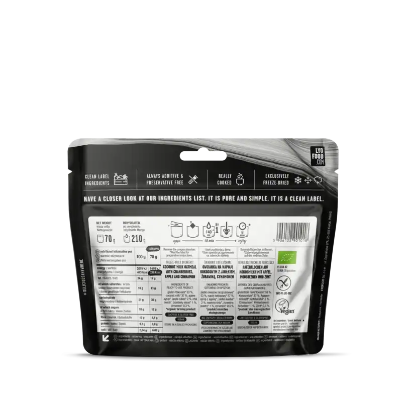 LYOFOOD Apple & Cinnamon Porridge – retro busta con valori nutrizionali, ingredienti e istruzioni di preparazione